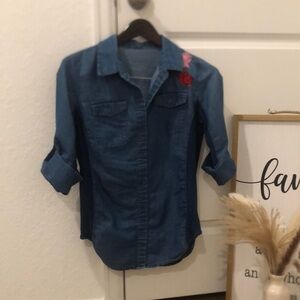 Blue Jean button down shirt with a flower